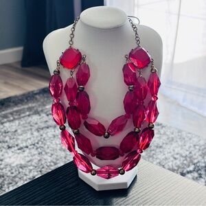 Triple-Strand Hot Pink Faceted Bead Statement Necklace